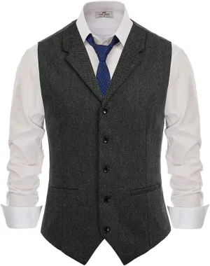 PJ PAUL JONES Mens Western Herringbone Suit Vest Tweed Wool Blend Slim Fit Waistcoat