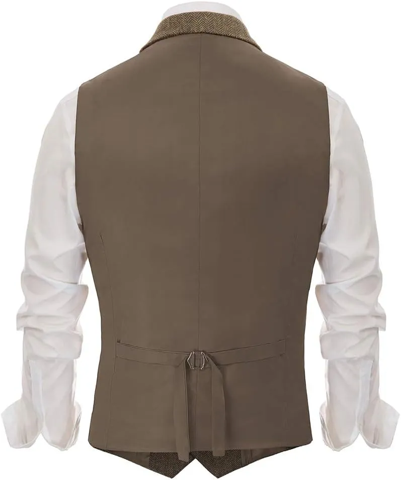 PJ PAUL JONES Mens Western Herringbone Suit Vest Tweed Wool Blend Slim Fit Waistcoat