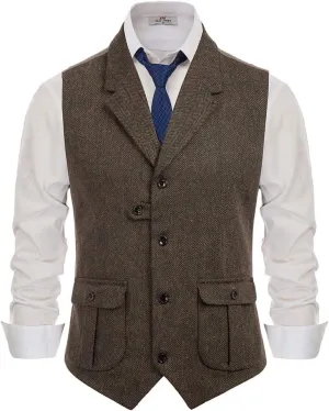 PJ PAUL JONES Mens Western Herringbone Suit Vest Tweed Wool Blend Slim Fit Waistcoat