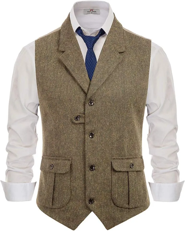 PJ PAUL JONES Mens Western Herringbone Suit Vest Tweed Wool Blend Slim Fit Waistcoat