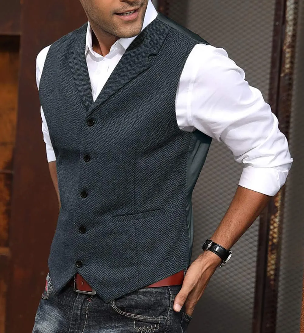 PJ PAUL JONES Mens Western Herringbone Suit Vest Tweed Wool Blend Slim Fit Waistcoat
