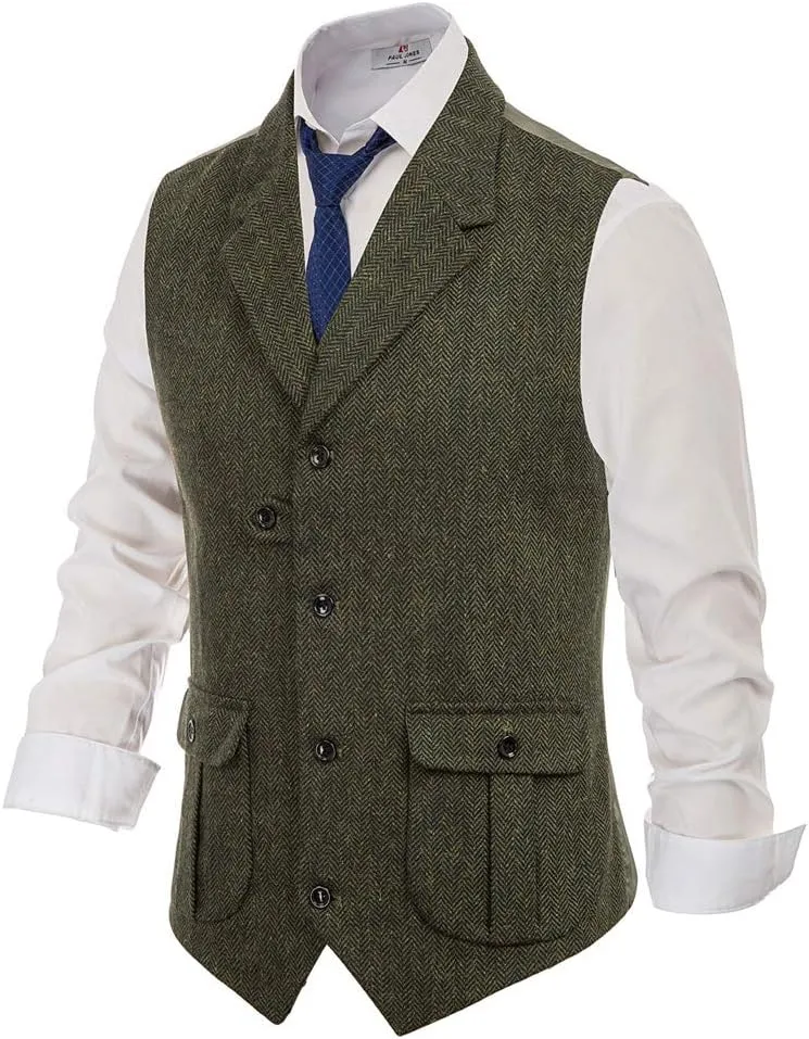 PJ PAUL JONES Mens Western Herringbone Suit Vest Tweed Wool Blend Slim Fit Waistcoat