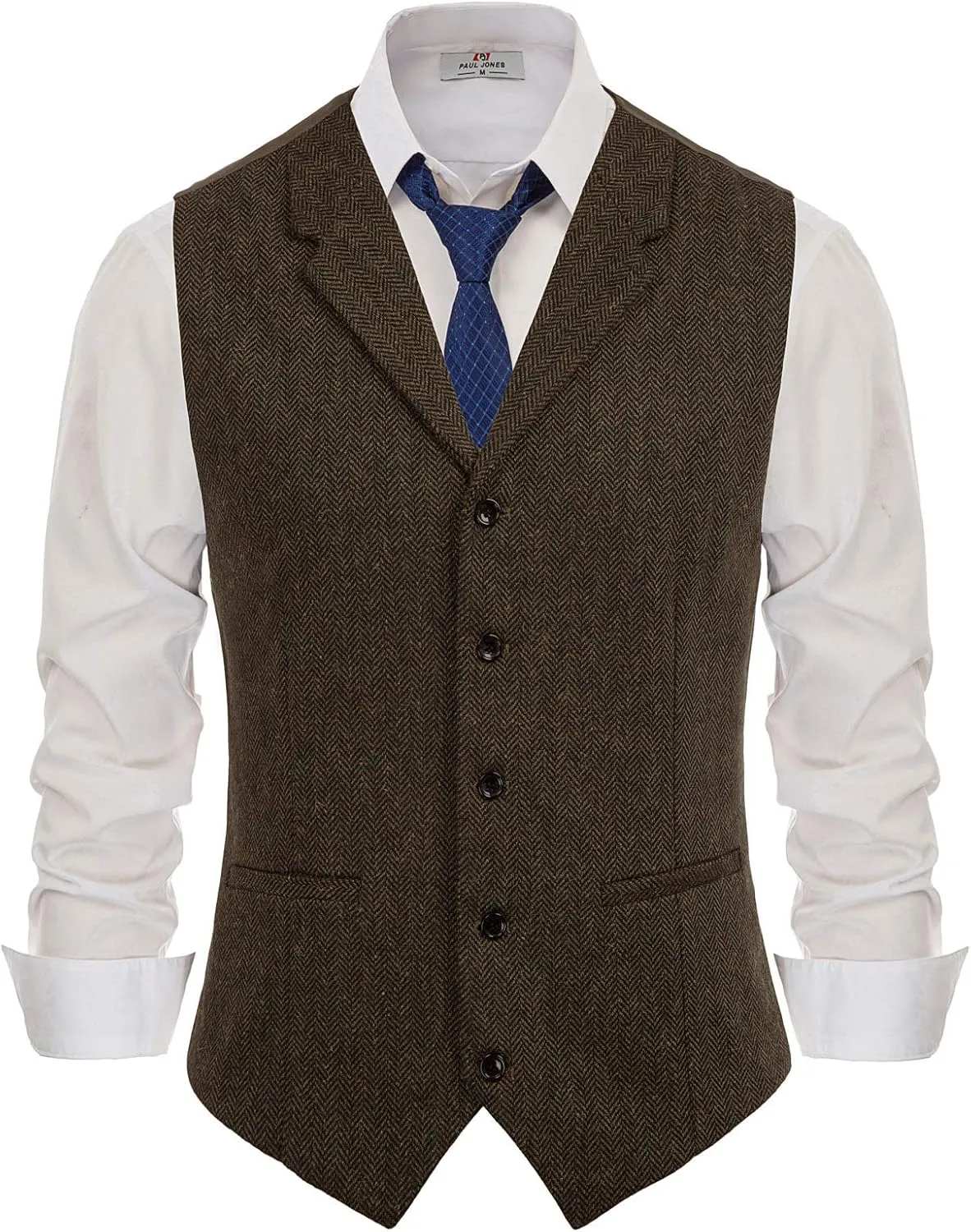 PJ PAUL JONES Mens Western Herringbone Suit Vest Tweed Wool Blend Slim Fit Waistcoat