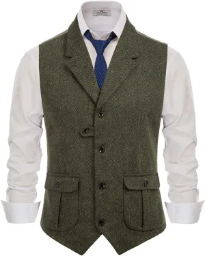 PJ PAUL JONES Mens Western Herringbone Suit Vest Tweed Wool Blend Slim Fit Waistcoat