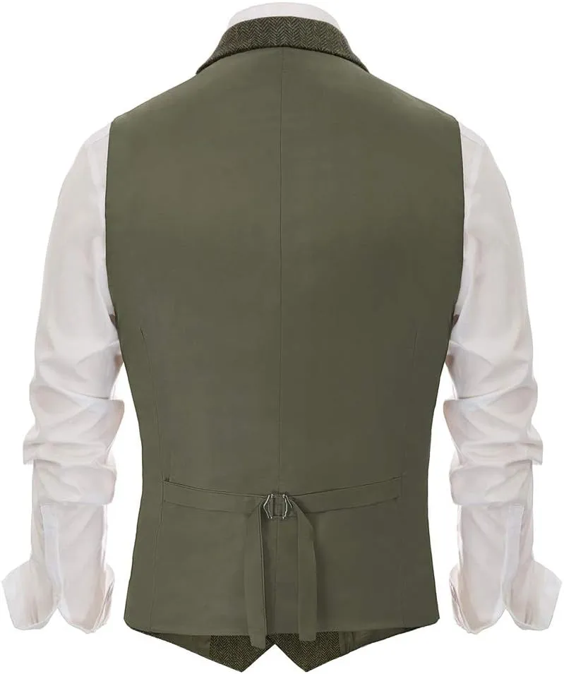 PJ PAUL JONES Mens Western Herringbone Suit Vest Tweed Wool Blend Slim Fit Waistcoat