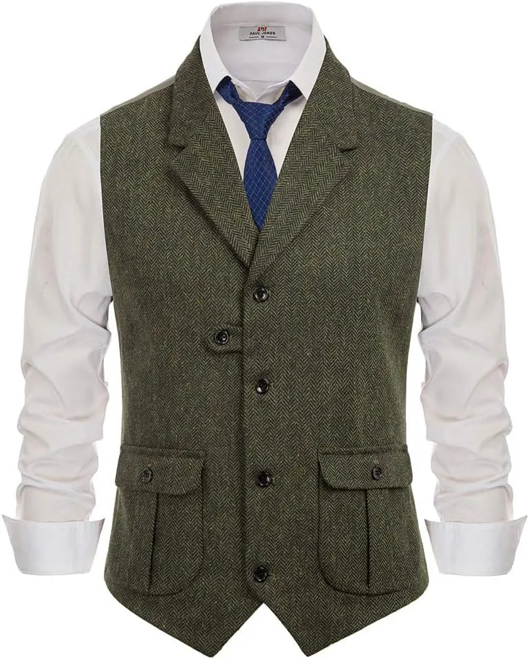 PJ PAUL JONES Mens Western Herringbone Suit Vest Tweed Wool Blend Slim Fit Waistcoat