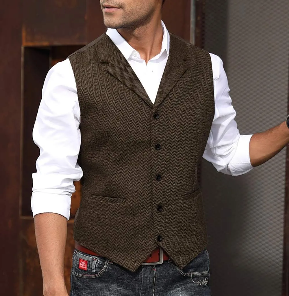 PJ PAUL JONES Mens Western Herringbone Suit Vest Tweed Wool Blend Slim Fit Waistcoat