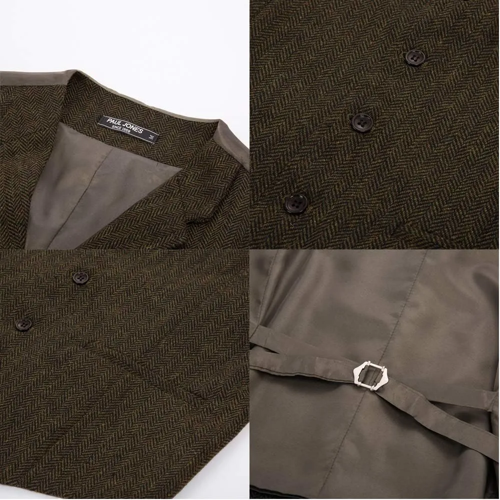 PJ PAUL JONES Mens Western Herringbone Suit Vest Tweed Wool Blend Slim Fit Waistcoat