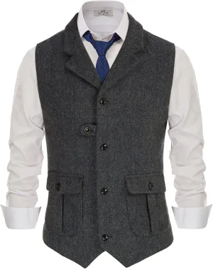 PJ PAUL JONES Mens Western Herringbone Suit Vest Tweed Wool Blend Slim Fit Waistcoat