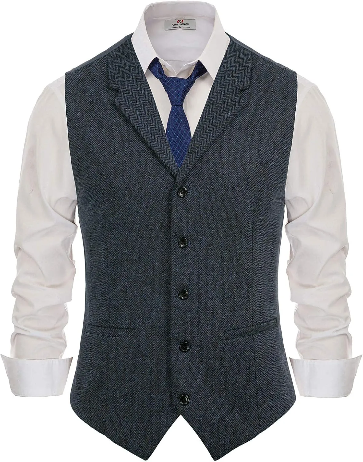 PJ PAUL JONES Mens Western Herringbone Suit Vest Tweed Wool Blend Slim Fit Waistcoat