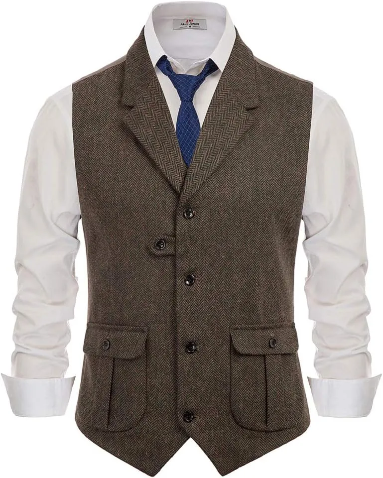 PJ PAUL JONES Mens Western Herringbone Suit Vest Tweed Wool Blend Slim Fit Waistcoat