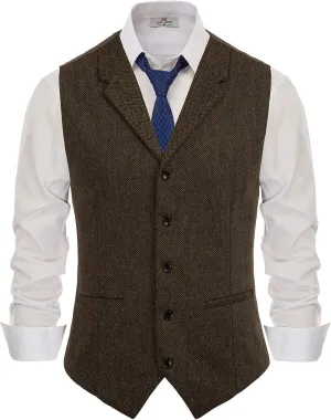 PJ PAUL JONES Mens Western Herringbone Suit Vest Tweed Wool Blend Slim Fit Waistcoat