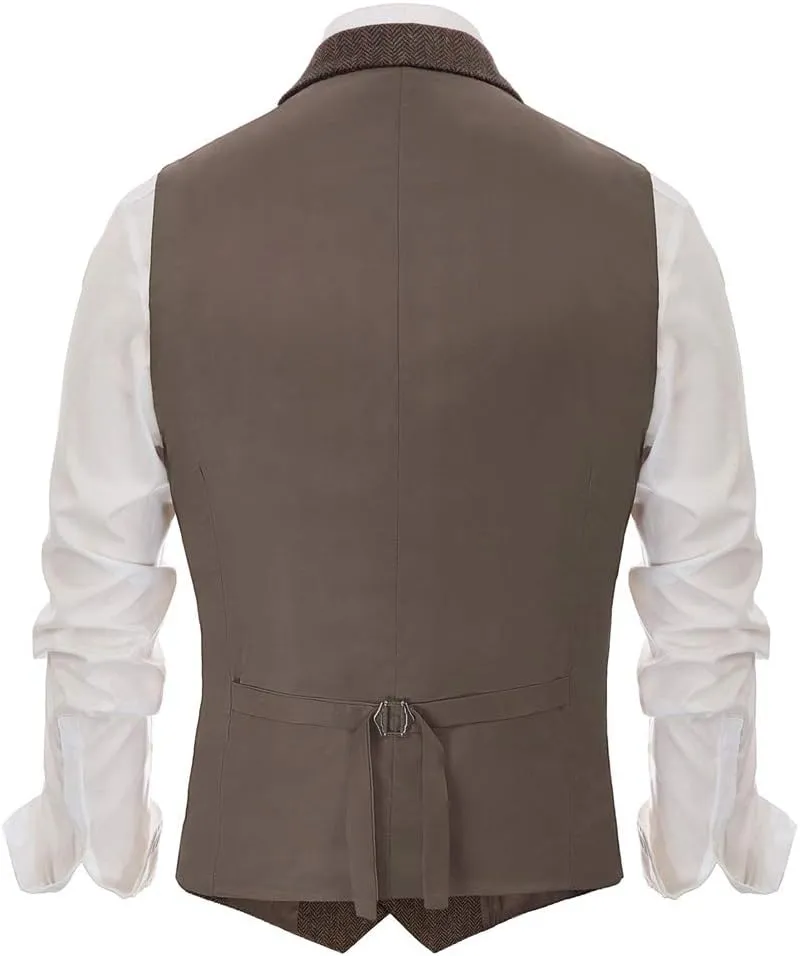 PJ PAUL JONES Mens Western Herringbone Suit Vest Tweed Wool Blend Slim Fit Waistcoat