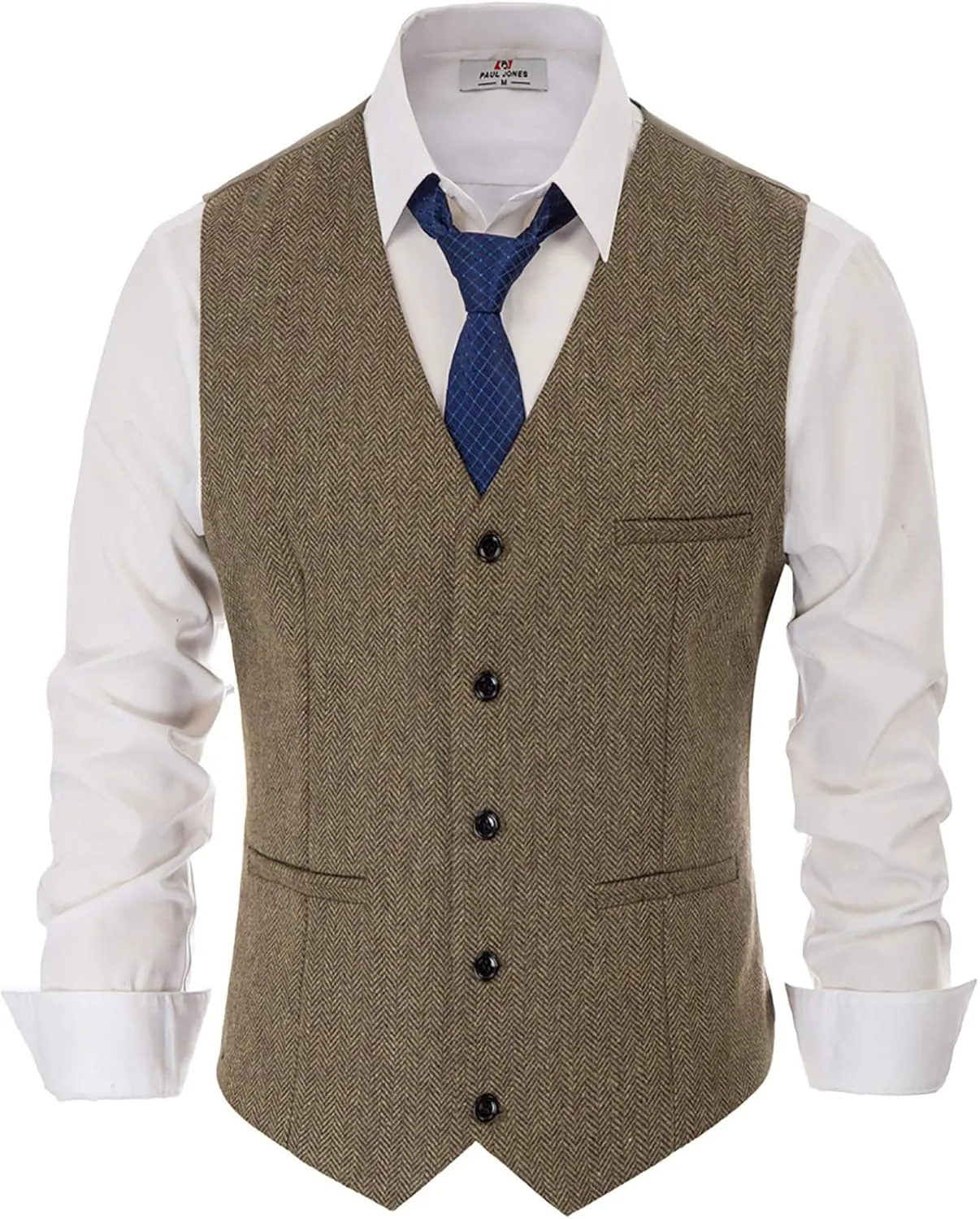 PJ PAUL JONES Men's Western Herringbone Tweed Suit Vest Wool Blend V Neck Slim Fit Waistcoat