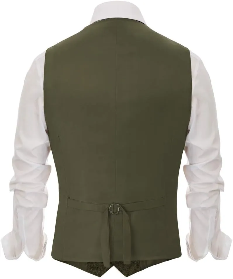 PJ PAUL JONES Men's Western Herringbone Tweed Suit Vest Wool Blend V Neck Slim Fit Waistcoat