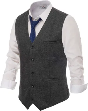 PJ PAUL JONES Men's Western Herringbone Tweed Suit Vest Wool Blend V Neck Slim Fit Waistcoat
