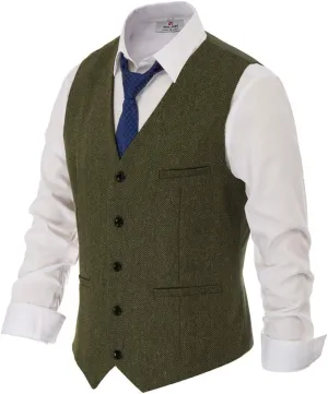 PJ PAUL JONES Men's Western Herringbone Tweed Suit Vest Wool Blend V Neck Slim Fit Waistcoat