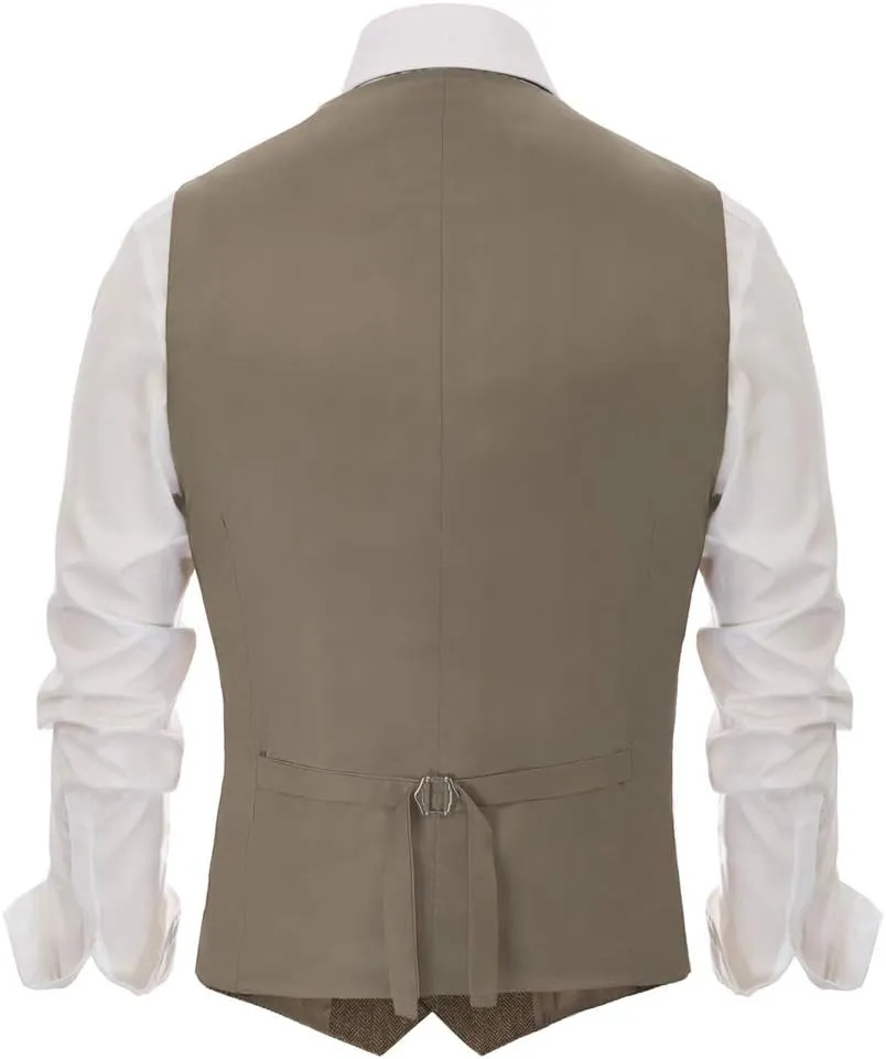 PJ PAUL JONES Men's Western Herringbone Tweed Suit Vest Wool Blend V Neck Slim Fit Waistcoat