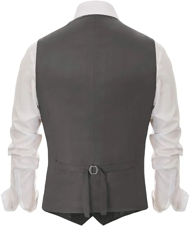 PJ PAUL JONES Men's Western Herringbone Tweed Suit Vest Wool Blend V Neck Slim Fit Waistcoat