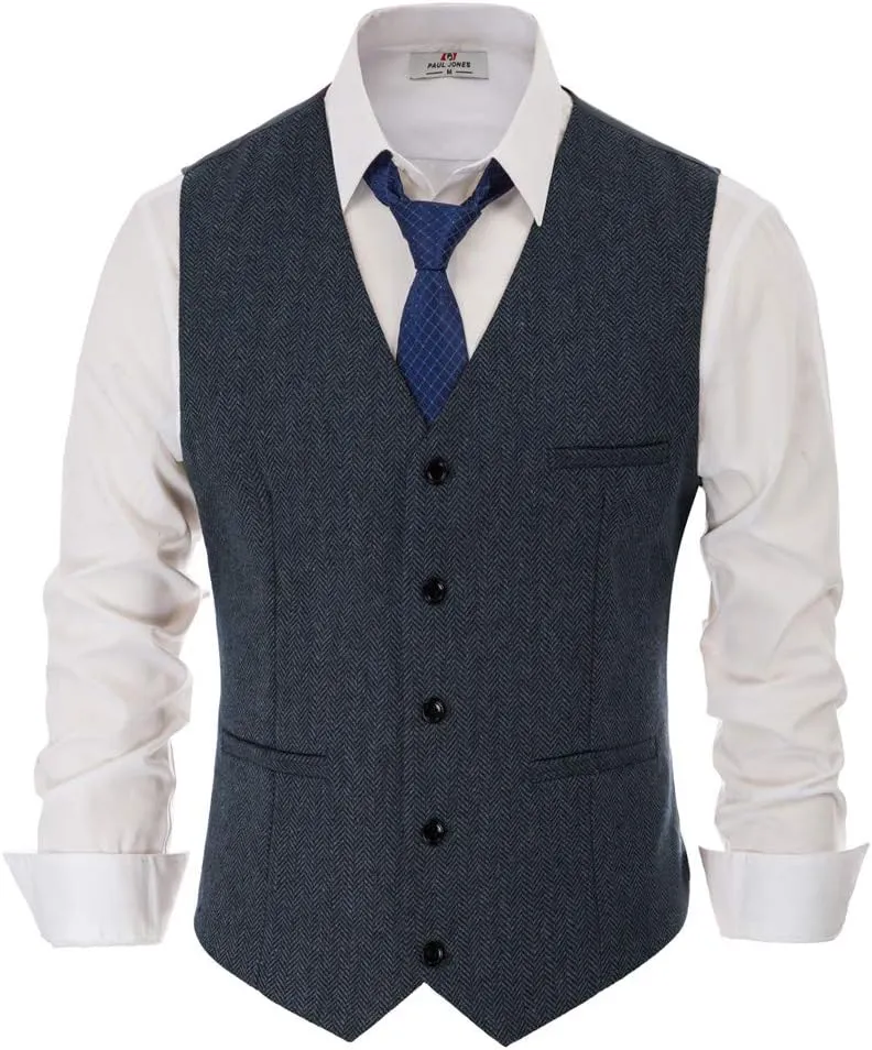 PJ PAUL JONES Men's Western Herringbone Tweed Suit Vest Wool Blend V Neck Slim Fit Waistcoat
