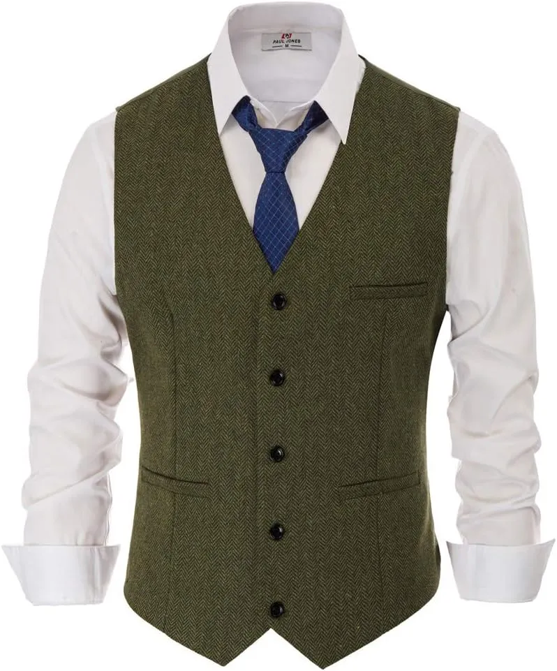PJ PAUL JONES Men's Western Herringbone Tweed Suit Vest Wool Blend V Neck Slim Fit Waistcoat