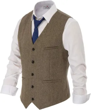 PJ PAUL JONES Men's Western Herringbone Tweed Suit Vest Wool Blend V Neck Slim Fit Waistcoat