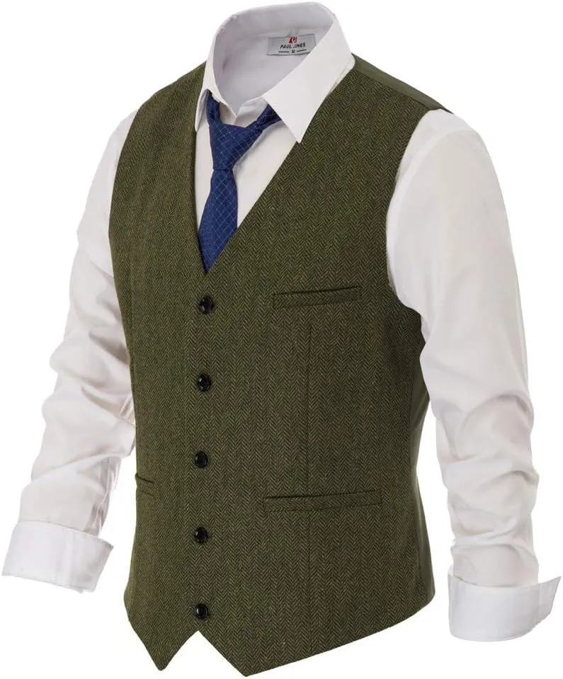 PJ PAUL JONES Men's Western Herringbone Tweed Suit Vest Wool Blend V Neck Slim Fit Waistcoat