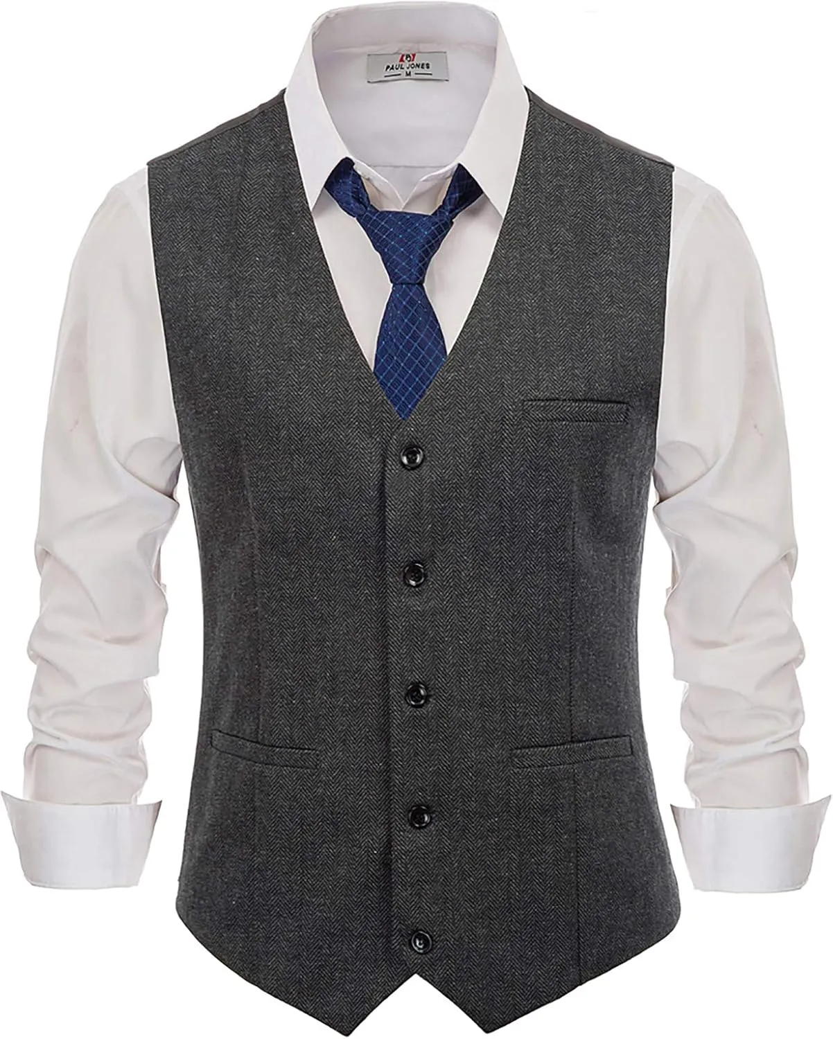 PJ PAUL JONES Men's Western Herringbone Tweed Suit Vest Wool Blend V Neck Slim Fit Waistcoat