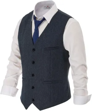 PJ PAUL JONES Men's Western Herringbone Tweed Suit Vest Wool Blend V Neck Slim Fit Waistcoat