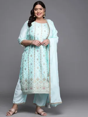 Plus Size Blue Woven Design Silk Blend Straight Kurta With Dupatta