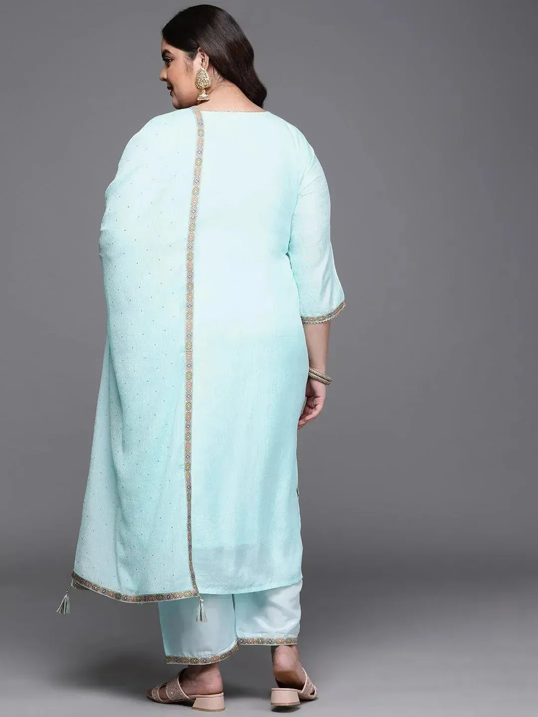 Plus Size Blue Woven Design Silk Blend Straight Kurta With Dupatta