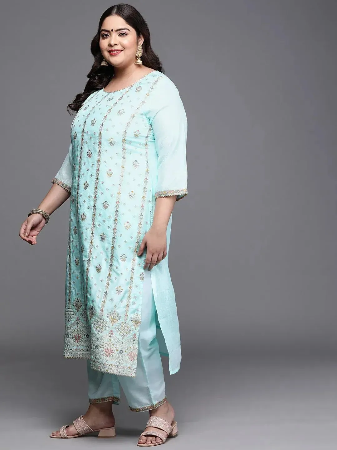 Plus Size Blue Woven Design Silk Blend Straight Kurta With Dupatta