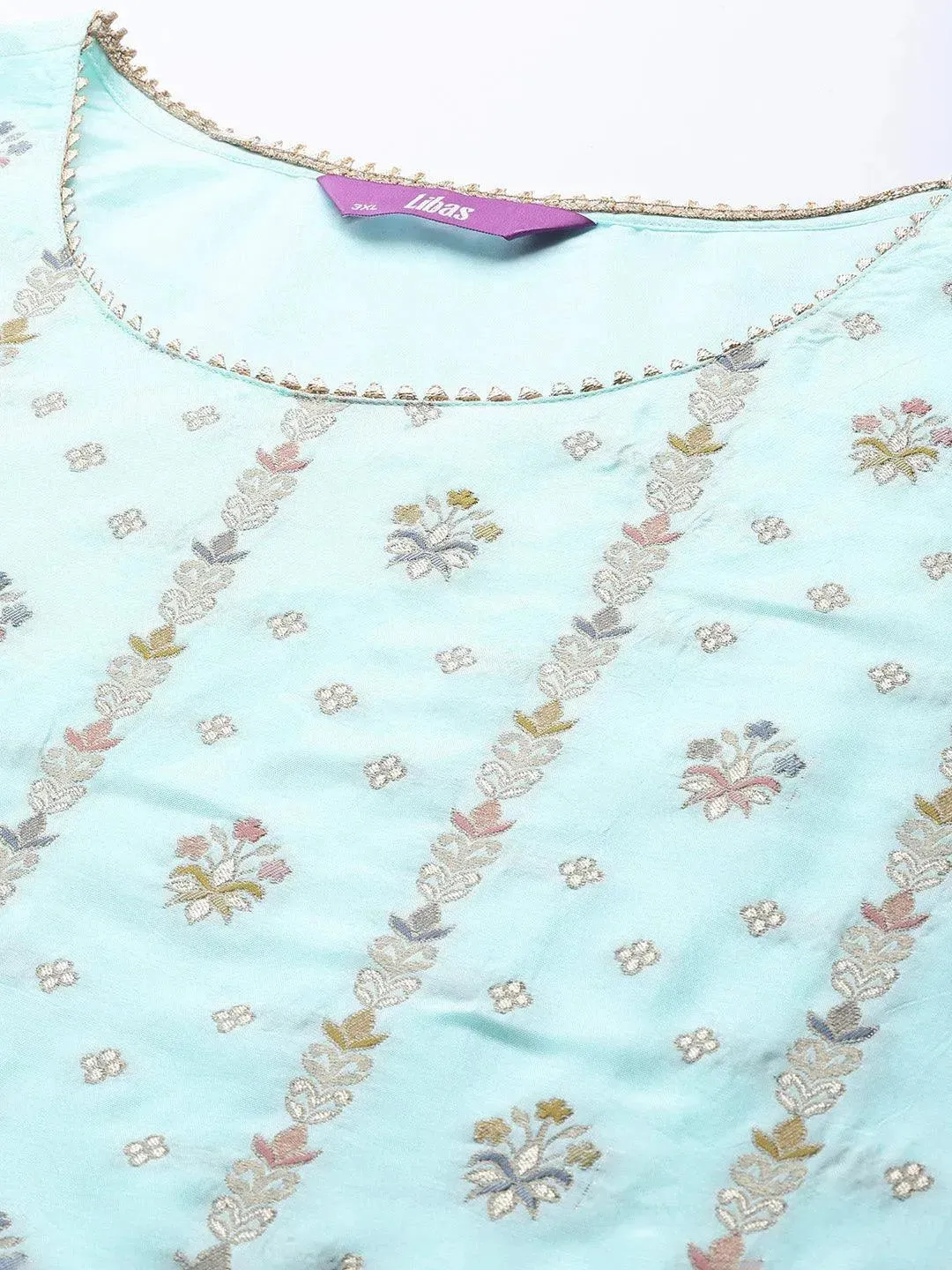 Plus Size Blue Woven Design Silk Blend Straight Kurta With Dupatta
