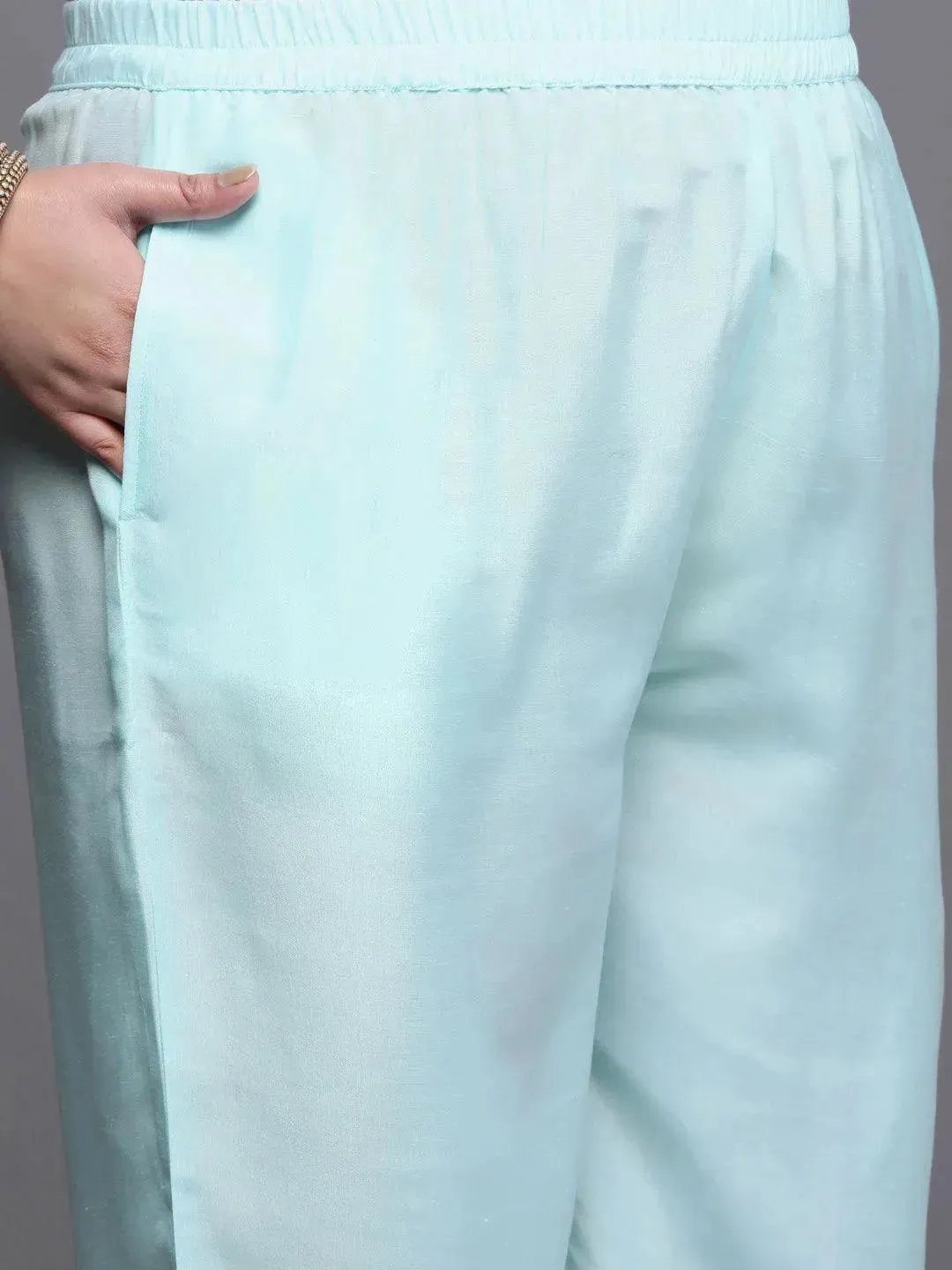 Plus Size Blue Woven Design Silk Blend Straight Kurta With Dupatta