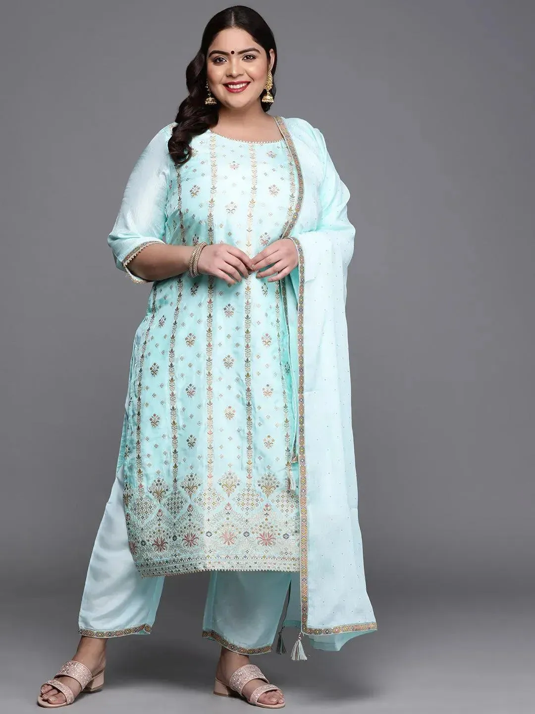 Plus Size Blue Woven Design Silk Blend Straight Kurta With Dupatta