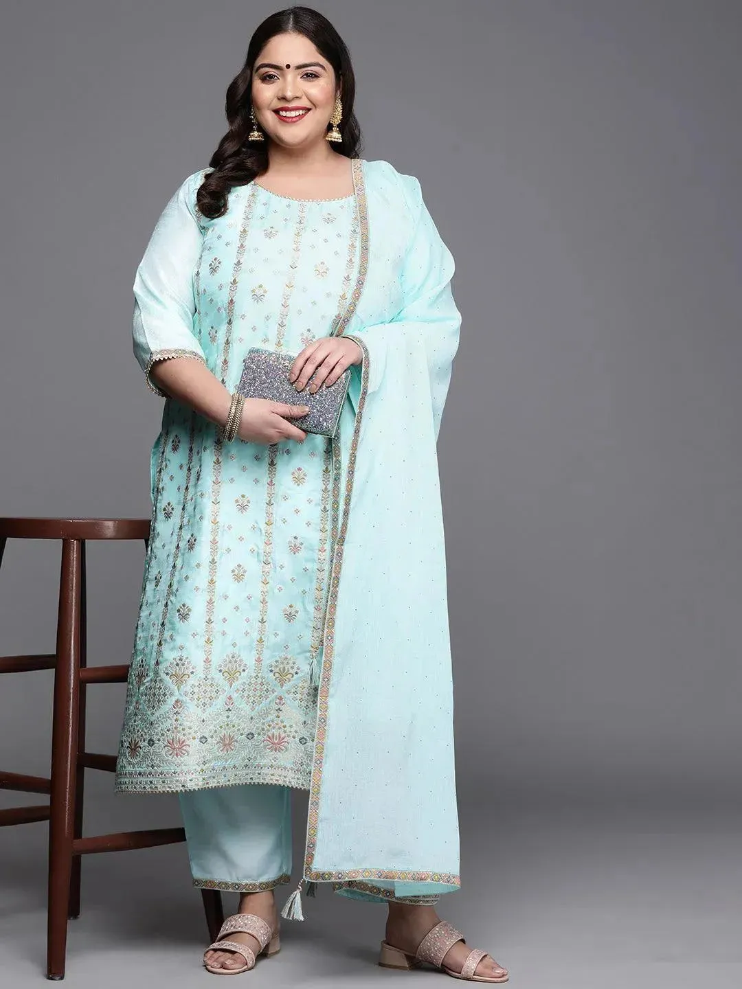 Plus Size Blue Woven Design Silk Blend Straight Kurta With Dupatta