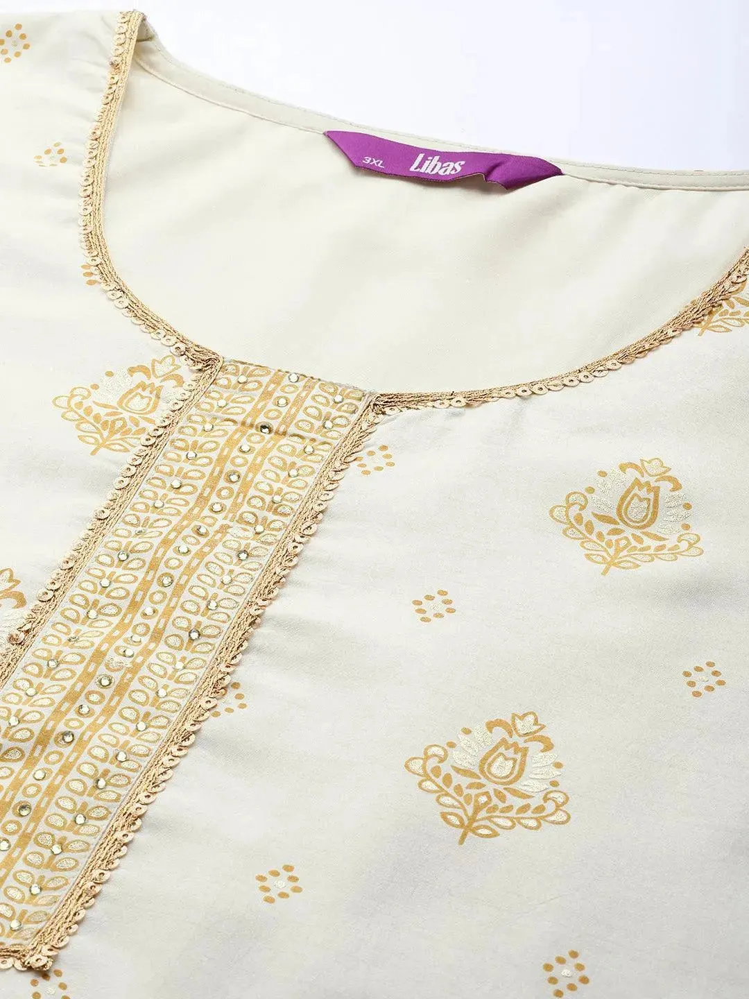 Plus Size Cream Printed Silk Blend Straight Kurta With Palazzos & Dupatta