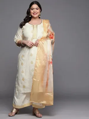 Plus Size Cream Printed Silk Blend Straight Kurta With Palazzos & Dupatta