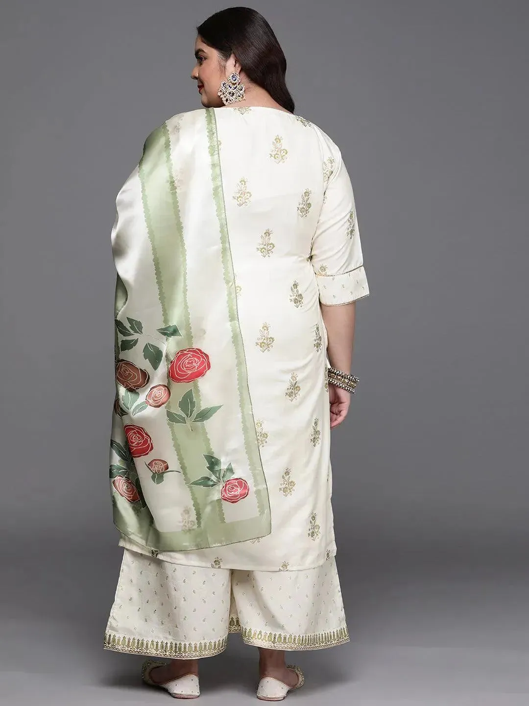 Plus Size Cream Yoke Design Silk Blend Straight Kurta With Palazzos & Dupatta
