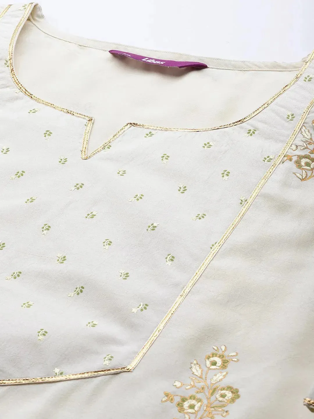 Plus Size Cream Yoke Design Silk Blend Straight Kurta With Palazzos & Dupatta