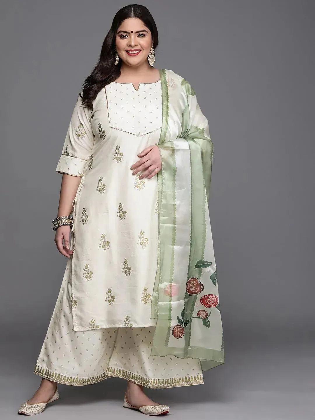 Plus Size Cream Yoke Design Silk Blend Straight Kurta With Palazzos & Dupatta