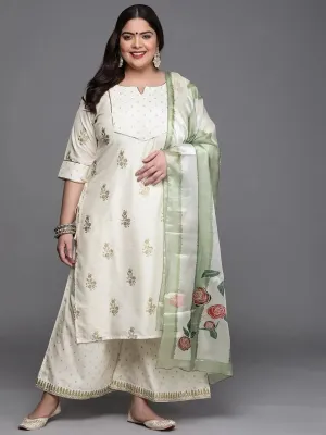 Plus Size Cream Yoke Design Silk Blend Straight Kurta With Palazzos & Dupatta