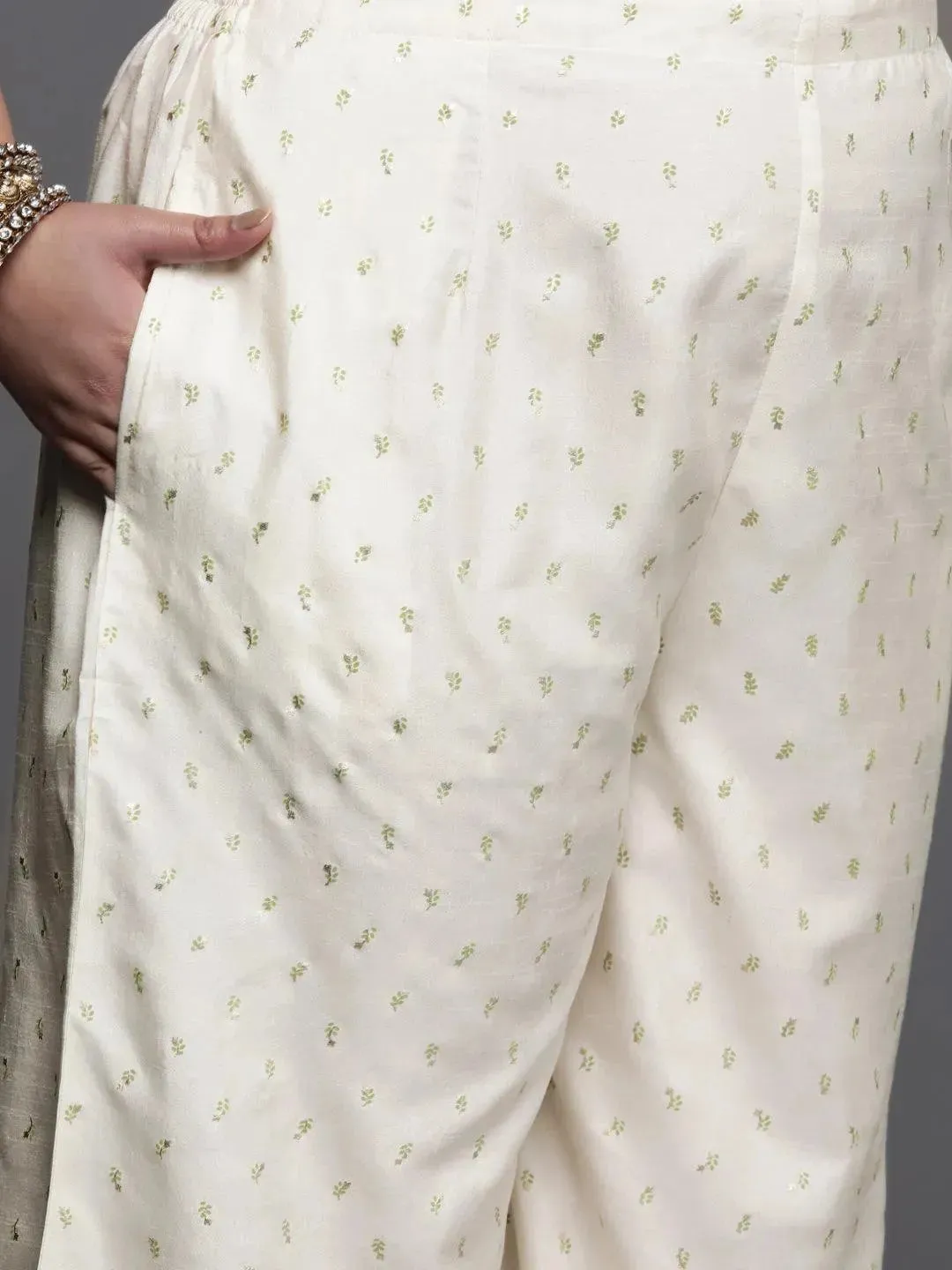 Plus Size Cream Yoke Design Silk Blend Straight Kurta With Palazzos & Dupatta