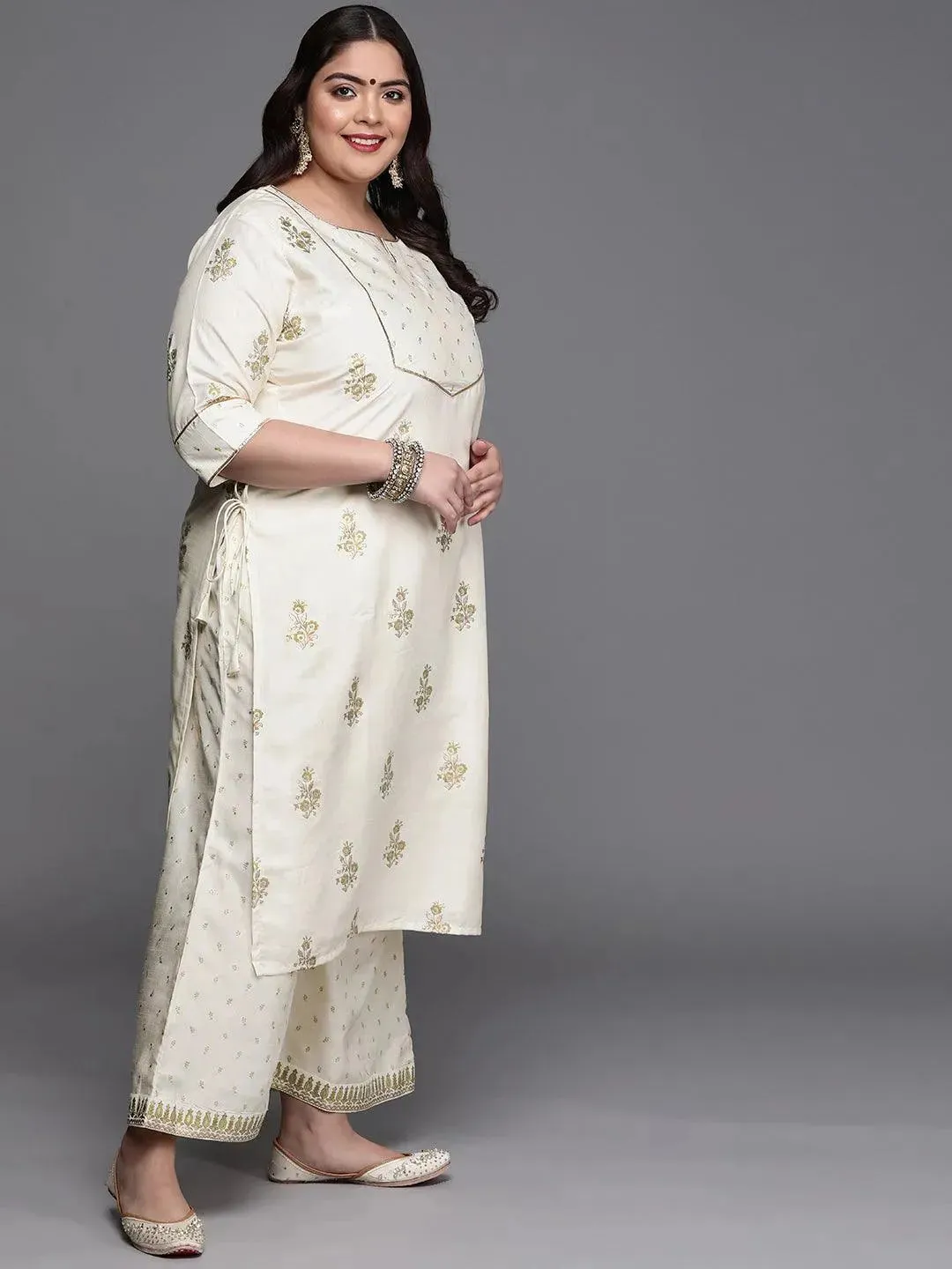 Plus Size Cream Yoke Design Silk Blend Straight Kurta With Palazzos & Dupatta