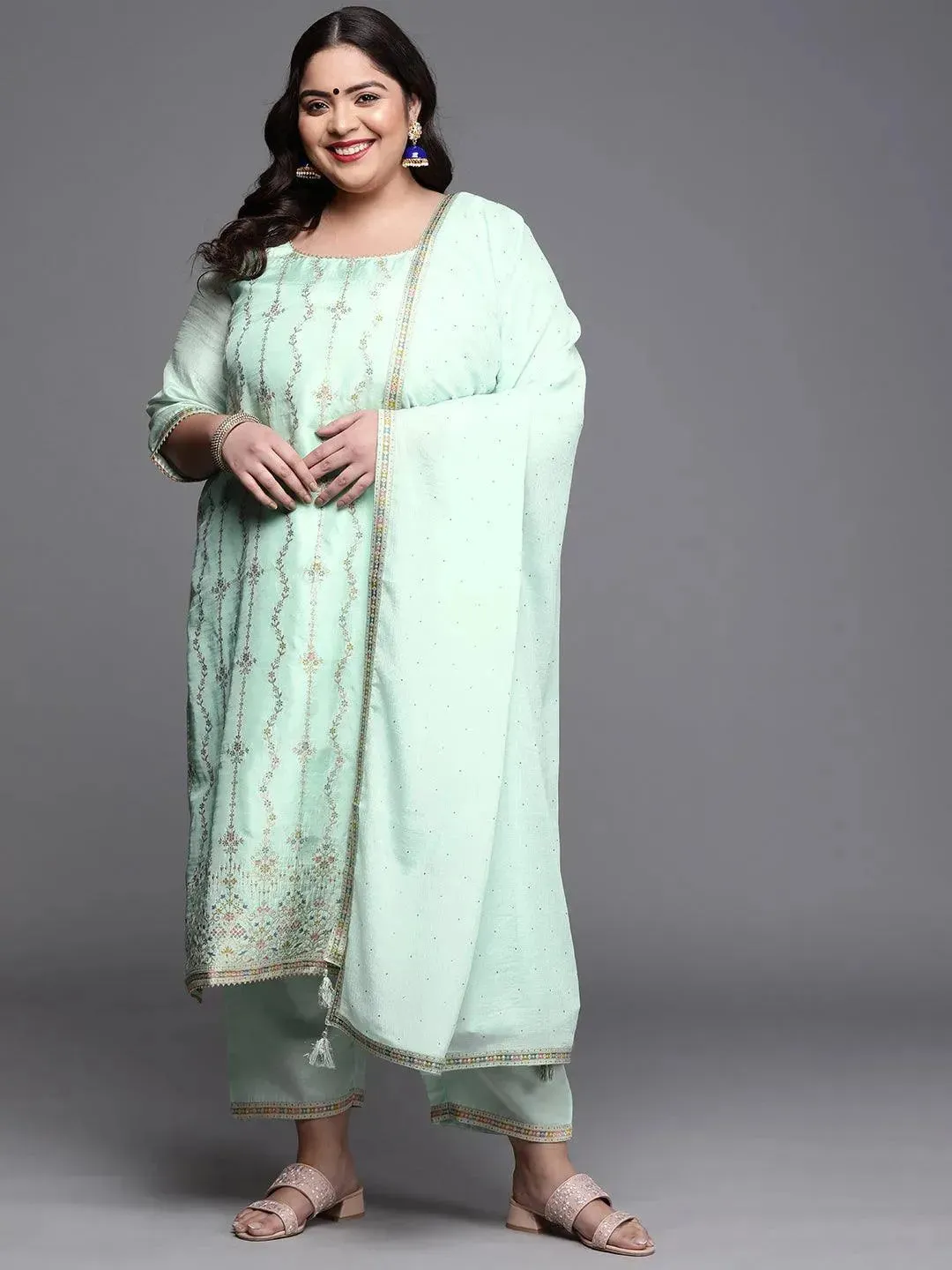 Plus Size Green Woven Design Silk Blend Straight Kurta With Dupatta