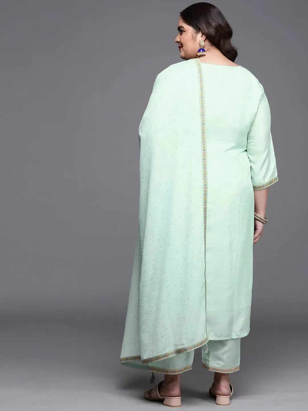 Plus Size Green Woven Design Silk Blend Straight Kurta With Dupatta