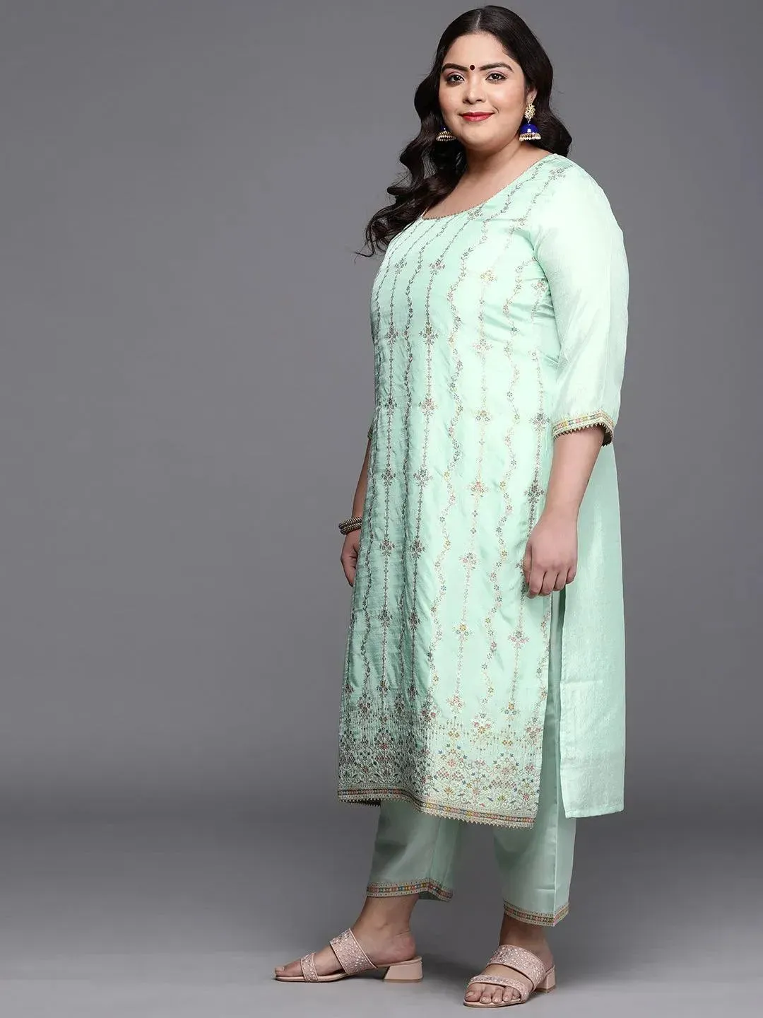 Plus Size Green Woven Design Silk Blend Straight Kurta With Dupatta