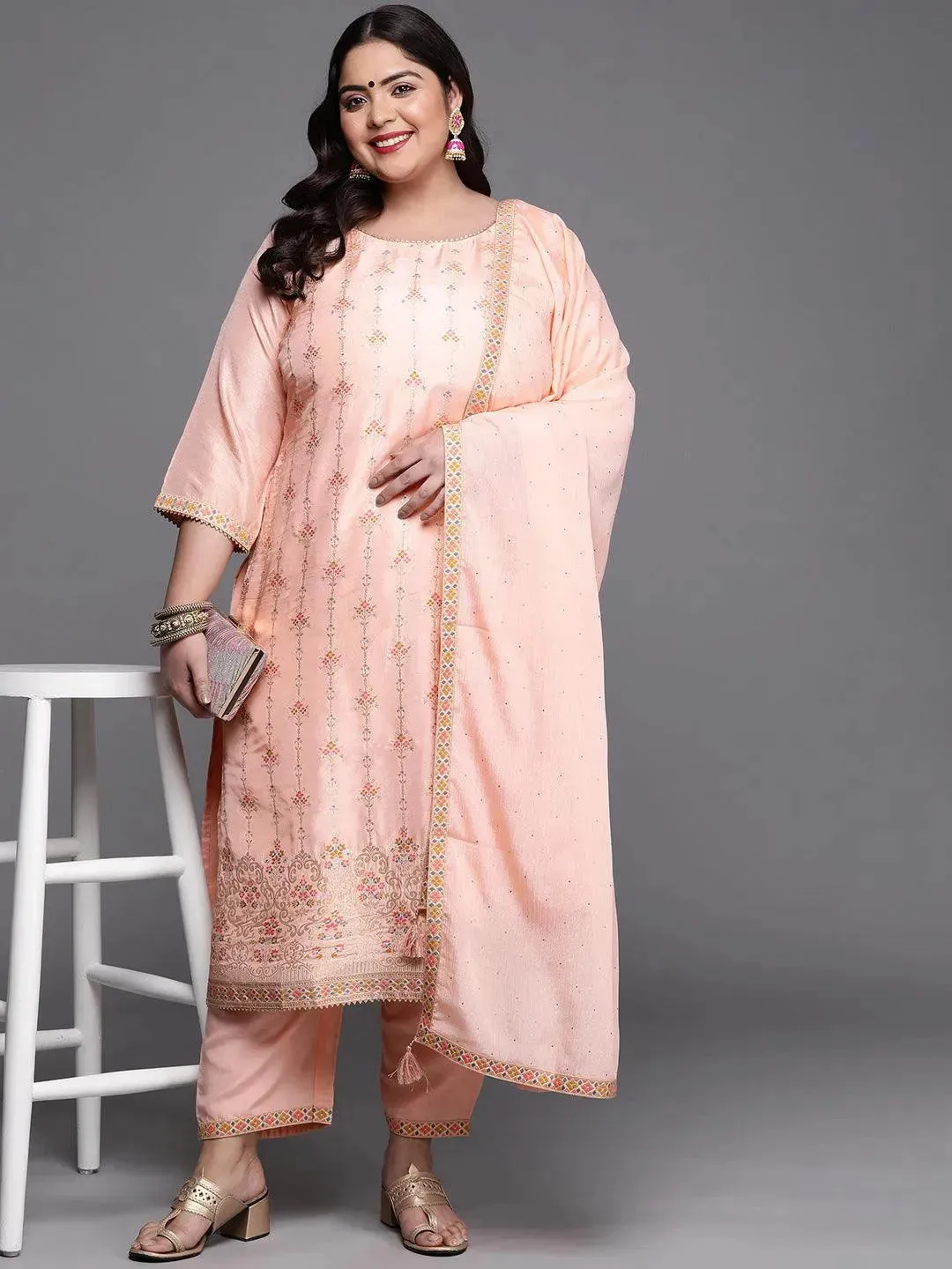 Plus Size Peach Woven Design Silk Blend Straight Kurta With Dupatta