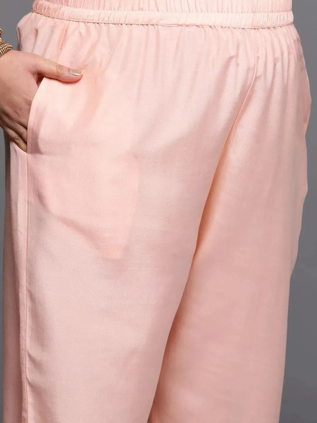 Plus Size Peach Woven Design Silk Blend Straight Kurta With Dupatta