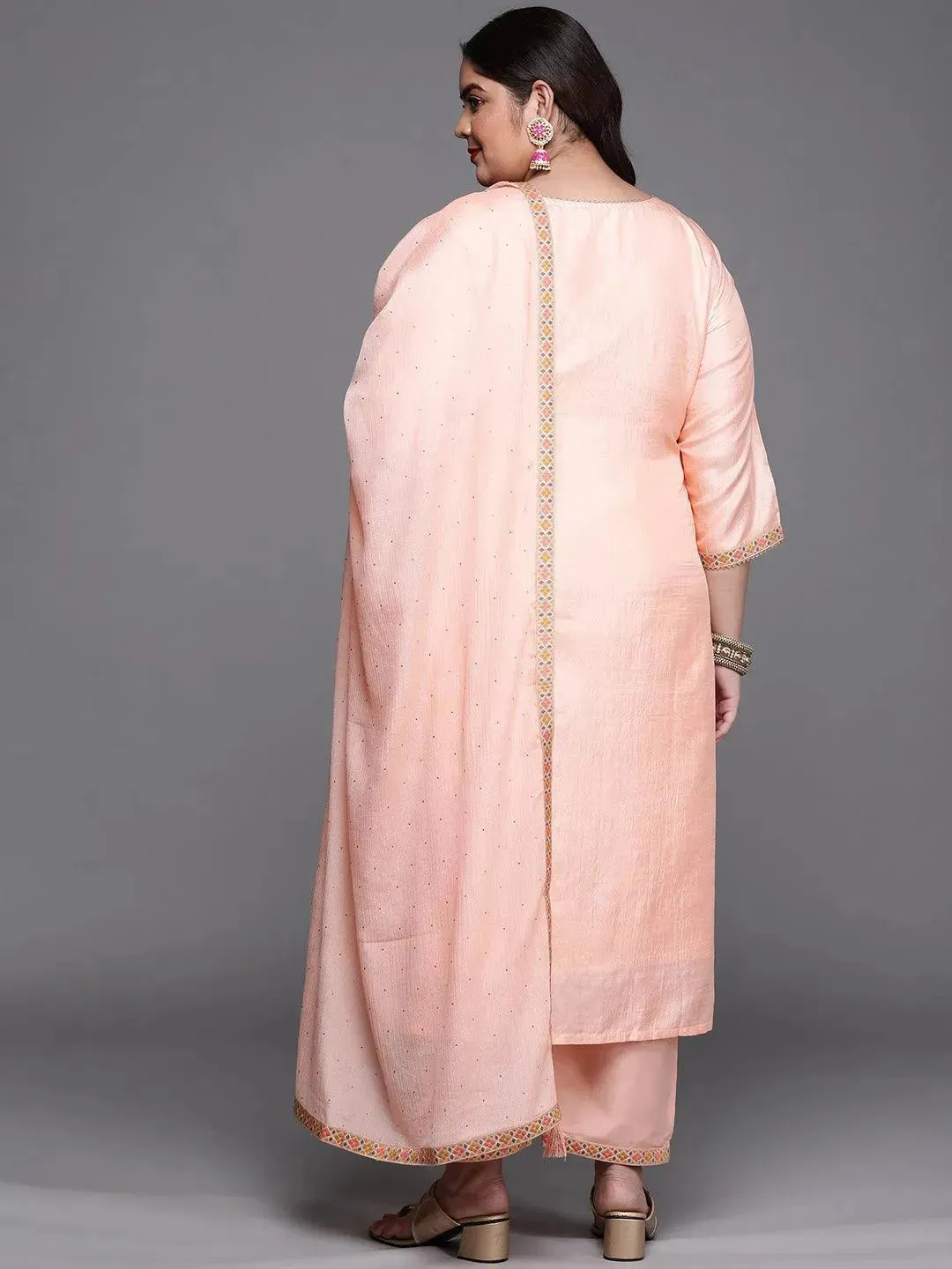 Plus Size Peach Woven Design Silk Blend Straight Kurta With Dupatta